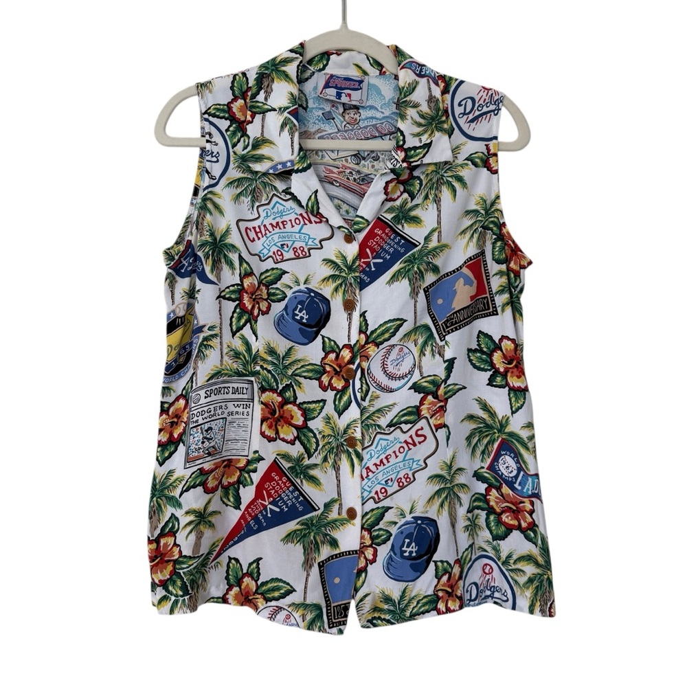 Reyn Spooner Vintage White Tropical LA Dodgers Print Sleeveless Shirt